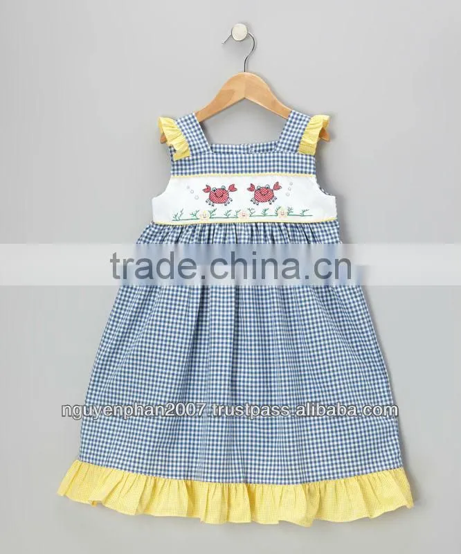 Big Blue crab smocked baby doll dress for infant toodler girls
