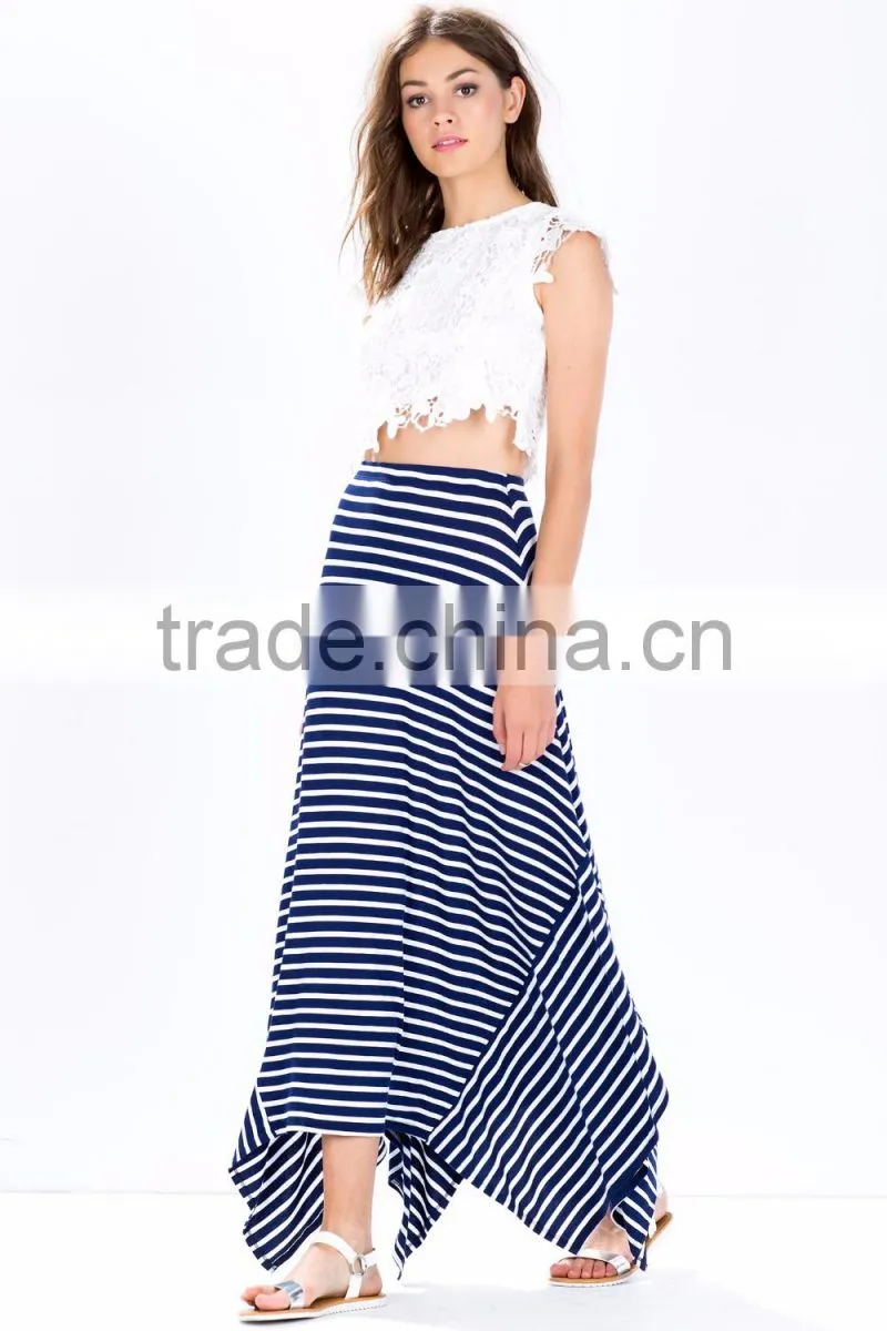2015 Wholesale fashion design women stripe long skirt asymmetrical high waist maxi long skirt for women
