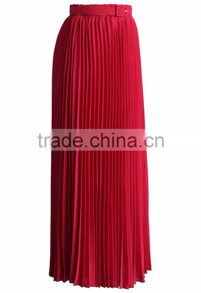 New arrival belted pleated skirt women fashion chiffon maxi skirt 2016