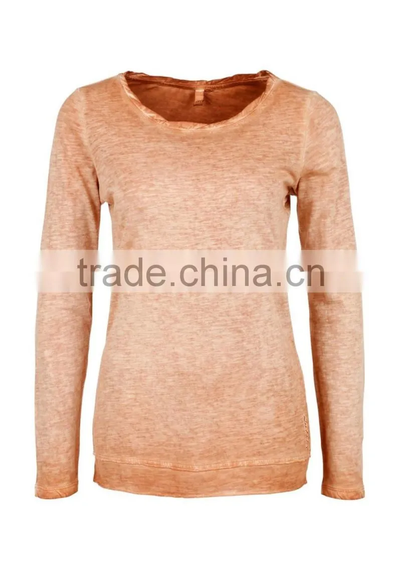 Women's long sleeve 100% cotton acid wash vintage t shirt