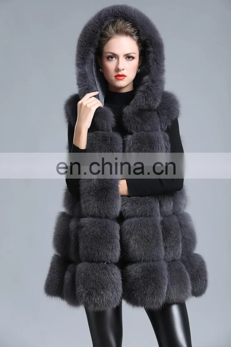2015 New Style Whole Leather Real Fox Fur Hood Long Style Vest Girl Gilet Beautiful Women Vest