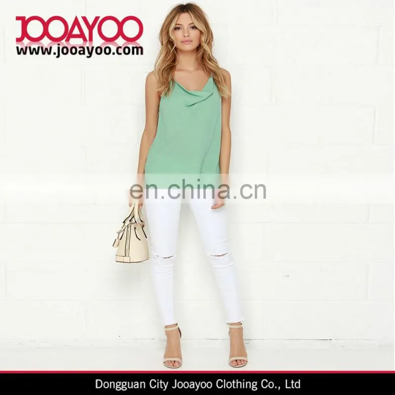 Elegant Ladies Pretty Adjustable Strap Draping Neckline Mint Green Tank Top