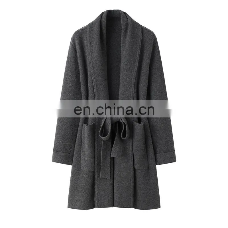 100% Knitted Mid-Length Cashmere Sweater Cardigan Inner Mongolia Plus Size Coats Front Logo Solid Pattern Winter Season Pocket