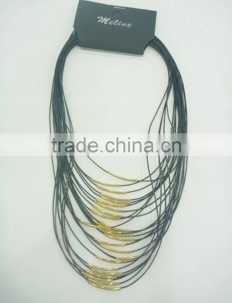 FACHION MULTI ROW WAX CORD NECKLACE WITH METAL TUBES MAGNET CLOSURE