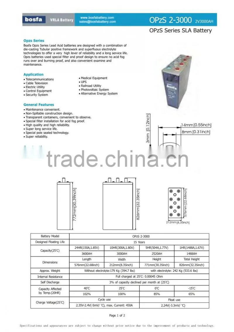 OPzS 2v 3000ah battery deep discharge lead acid batteries tubular solar battery tubular lead acid battery solar batteries 2v
