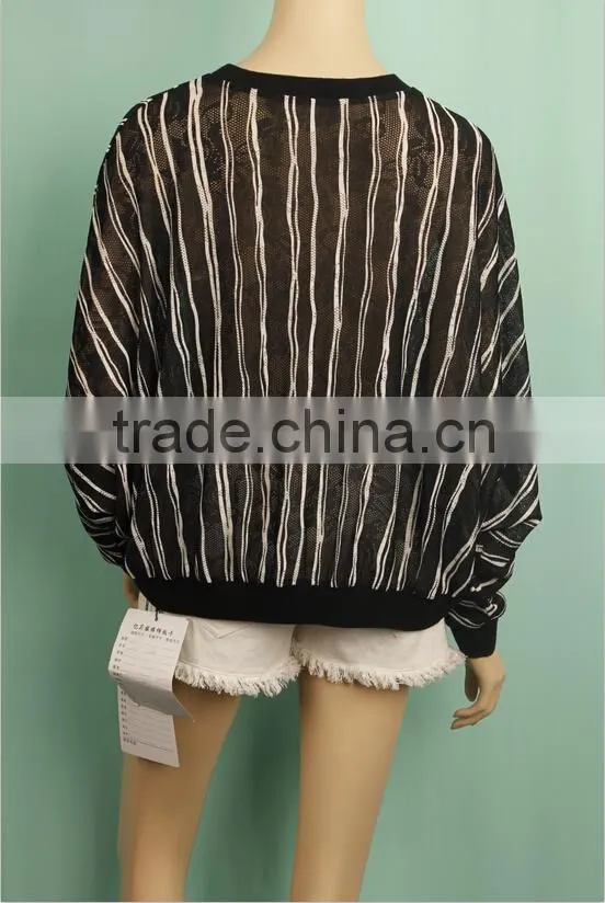 2016 White black stripe fat women plus size long sleeve loose knitted blouse