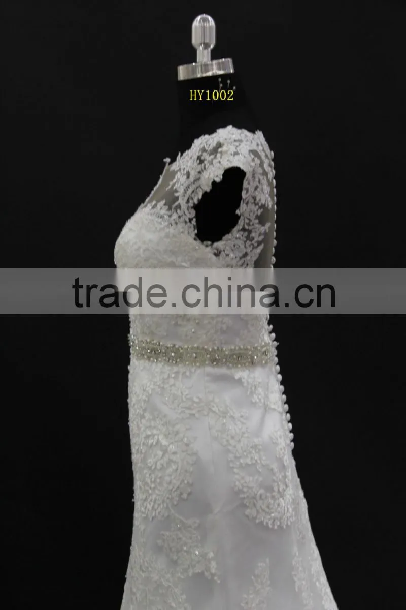 Small A-line with beading belt lace appliques sexy see through back wedding dress
