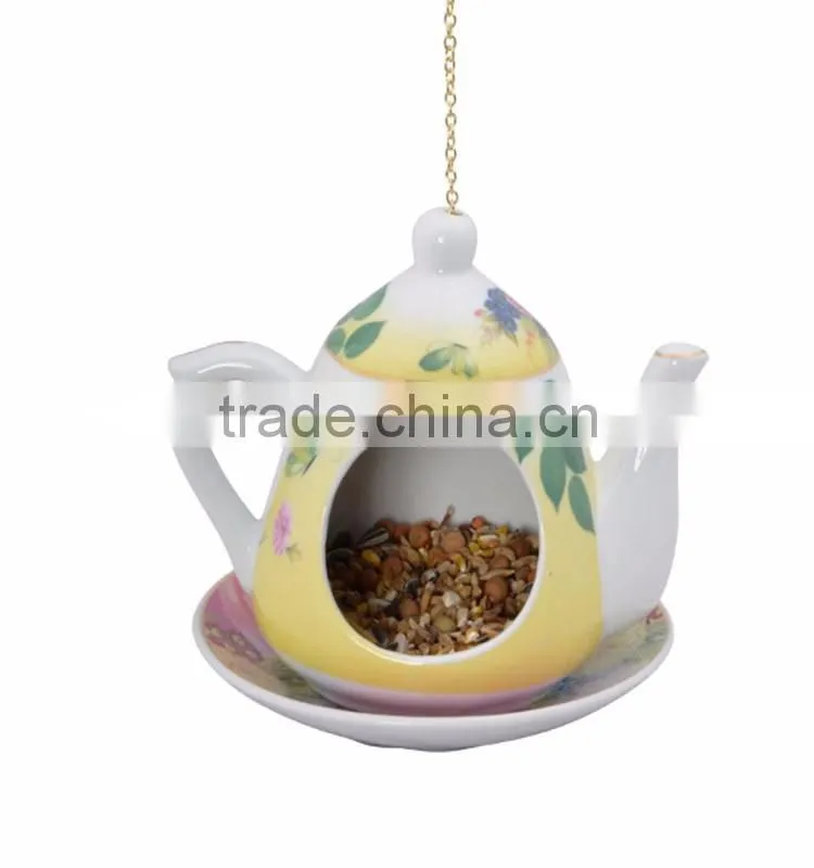 Hanging teacup ceramic bird feeder