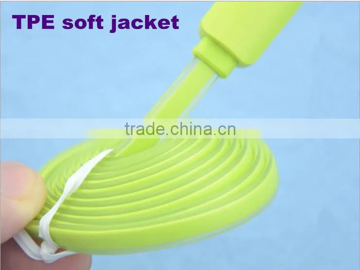 Flat Noodle Design Candy-colored Micro USB cable With Led Light for Android Smart Phone