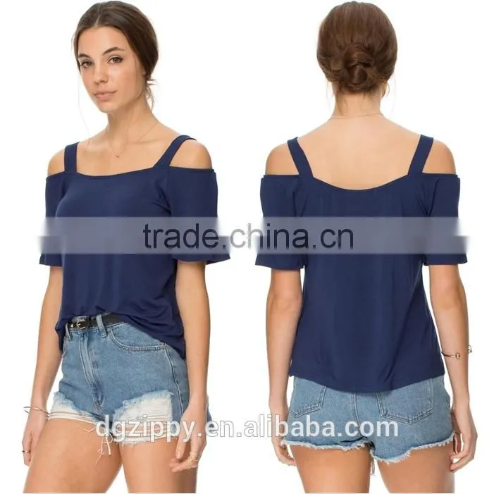 Latest Scoop Neckline Apparel Design Women Srappy Cold Shoulder T-Shirt