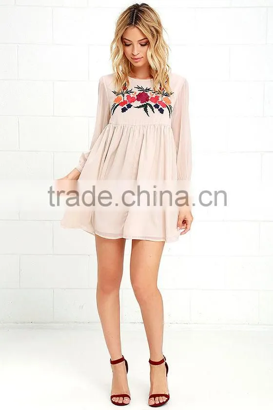 2016 latest dress design 3/4 sleeves chiffon dress with floral embroidery summer dress