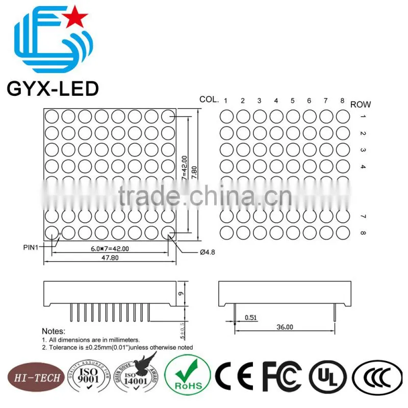 Rohs compliant red and green bi color 8*8 dots LED dot matrix display