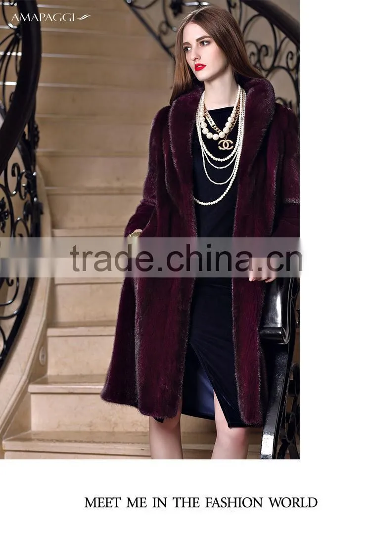 Wholesale long wine red mink fur coat parka for winter overcoat