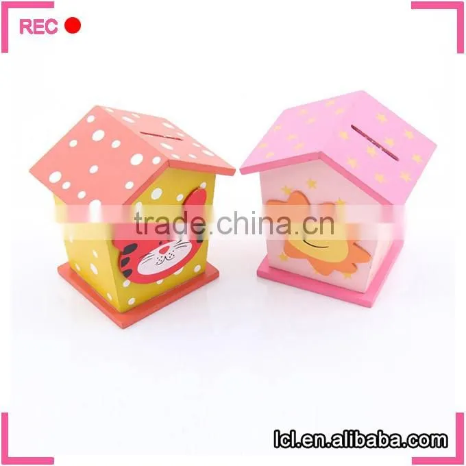 Wooden money box house shaped, wood material money storage box