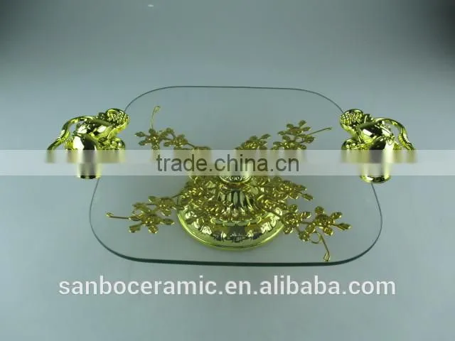 Hanging crystals cake stand, rectangle golden glass cake plate with footed and handle