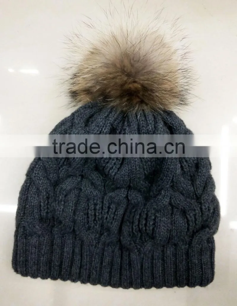 2016 unisex Fashion hot popular crochet wool beanie knitted cap with real racoon dog fur pompom