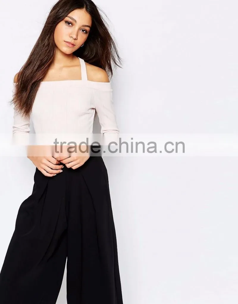 2016 Autumn Long Sleeve Sexy Women Bodysuit Plain White Halter Neck Off Shoulder Leotard In Rib Your Own Brand