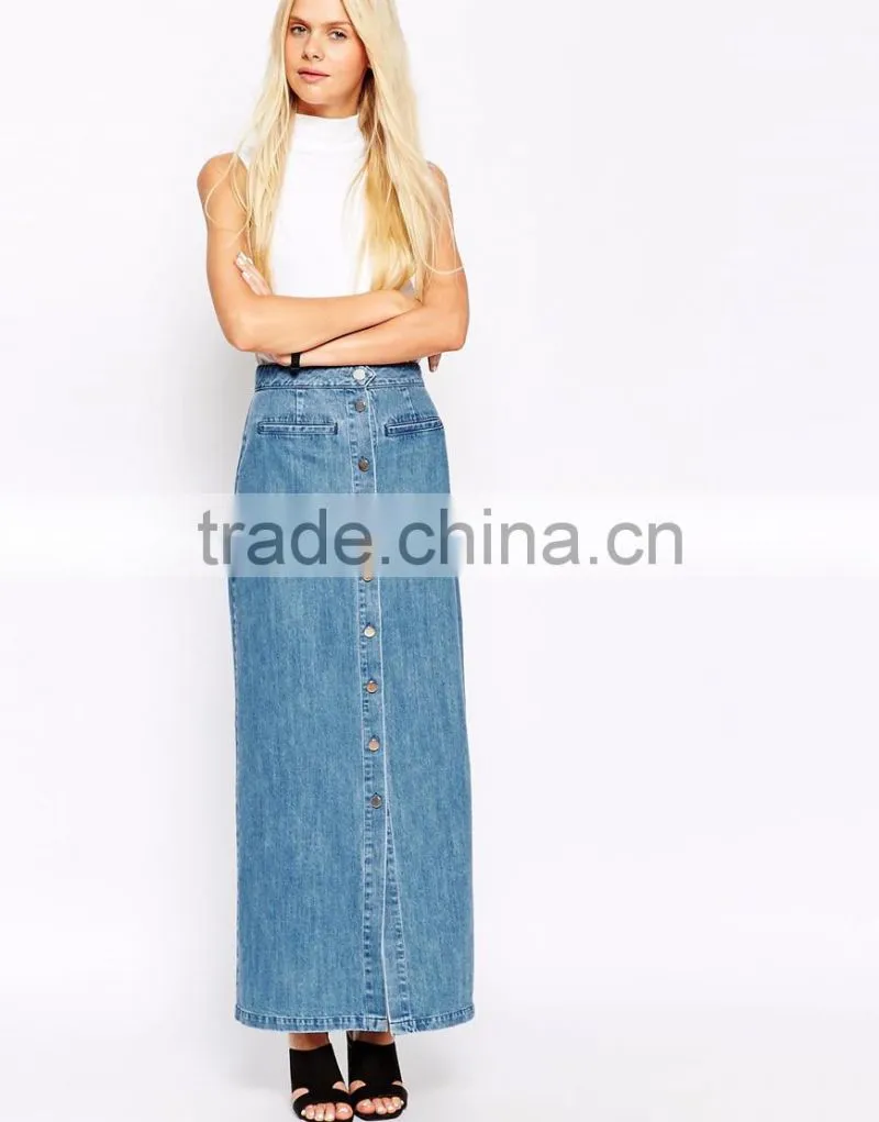 New arrival button front ladies denim skirt wholesale jean maxi skirts 2015