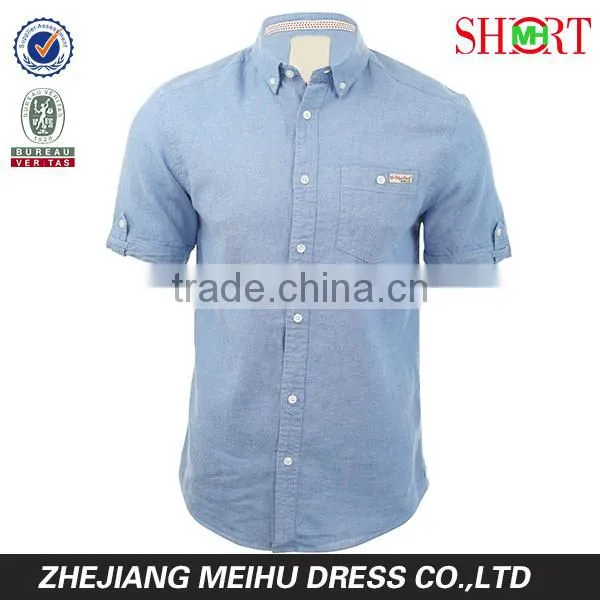 2016 Linen Chambray Mens button down short sleeve casual shirt for summer