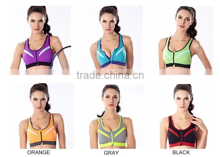 Trade assurance shockproof front zipper buttoned nylon sexy women sports bra