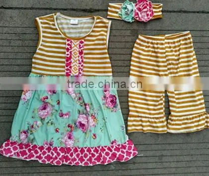 2017Lovely comfortable ventilation fold Princess Lace Skirt Suit girl striped T-shirt unique kids frock designs pictures
