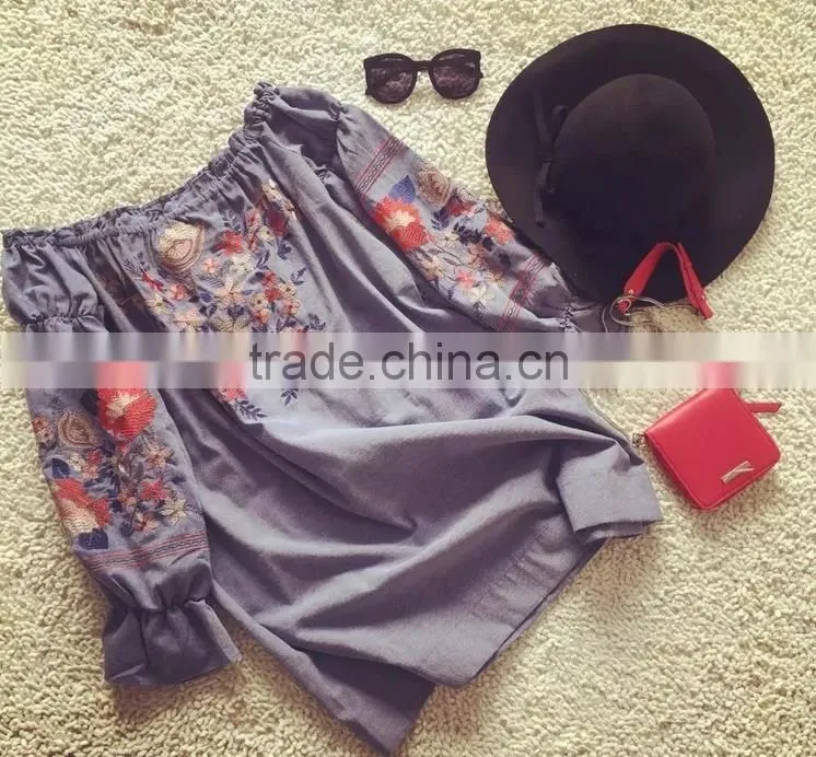 2017 Korean ladies off shoulder top long sleeve shirt embroidered blouses shirts