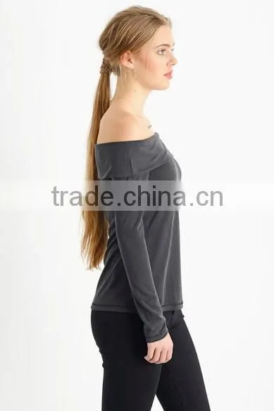 Custom Womens Off-shoulder cotton jersey T-Shirts,long sleeve Black Plain Pure T-shirts for women