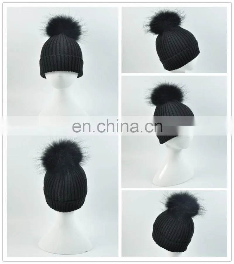Kids Funny Hat With Big Genuine Raccoon Fur Ball Winter Knit Hat Baby Crochet