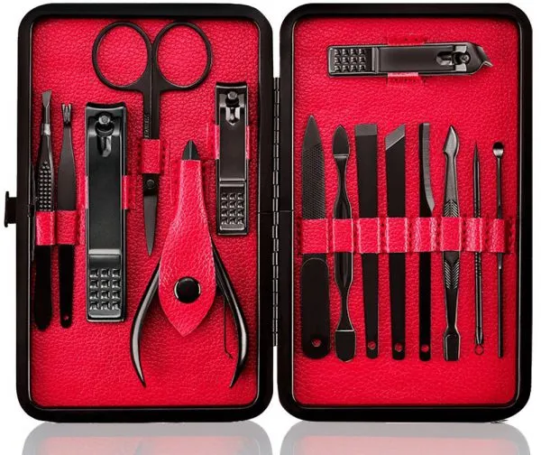 15pcs Black Coated Personal Care Set In Leather Case