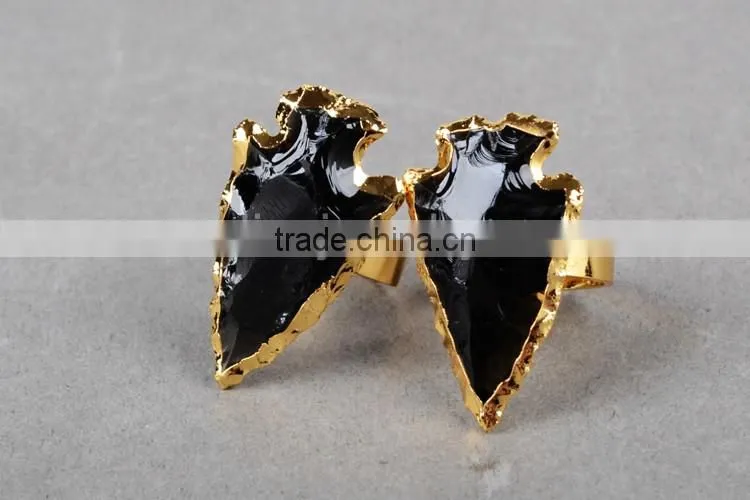 Natural rough black obsidian stone arrowhead ring jewelry