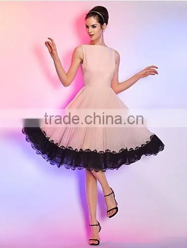 2015 Wholesale Black Lace Side Bateau Pleating Elegant Pink Party Dress