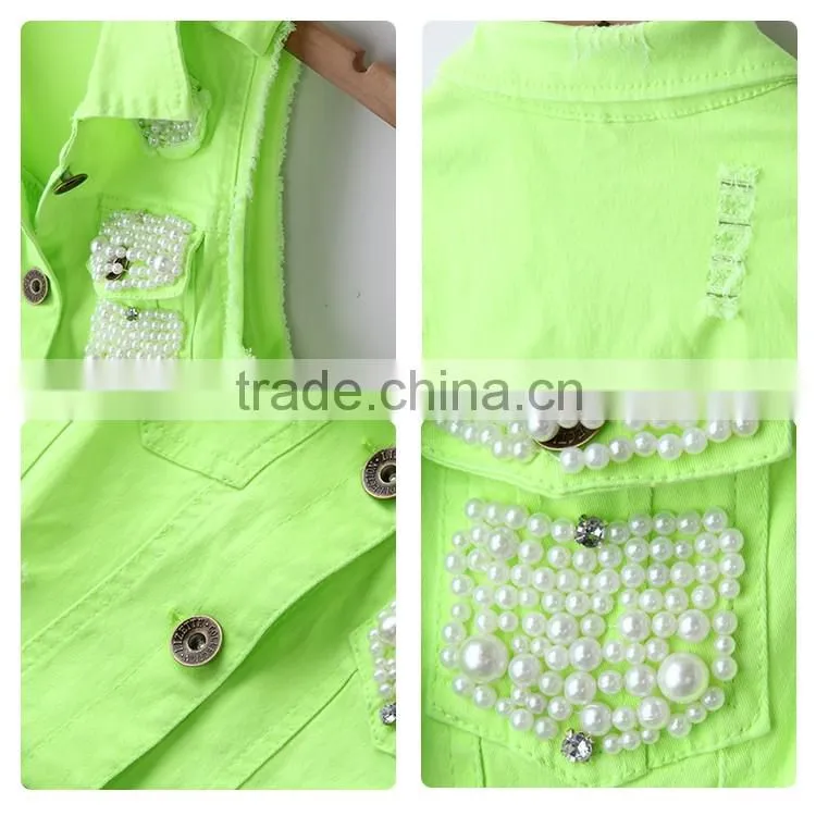 Made in China Latest fashion designs woven sleeveless beaded lemon and orange color ladies jacket for women