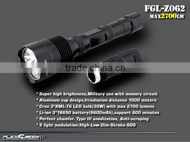 30w rechargeable aluminum 3xt6 3000 lumen xml T6 led flashlight