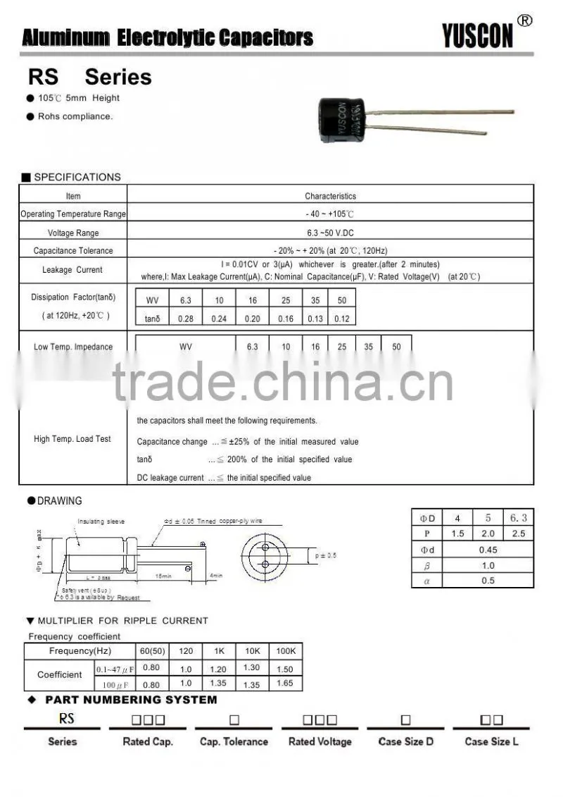 General type 105'C ,5mm height aluminum electrolytic capacitors