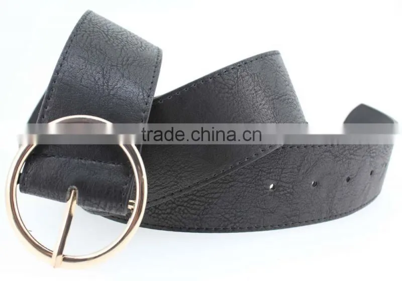 Women's fashion belt with black PU leather & Gold circle Buckle in chinese factory