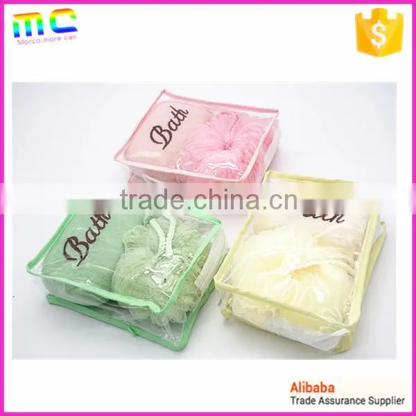 a set of colorful plastic mesh bath sponge and bath ball with beautiful package can as gift