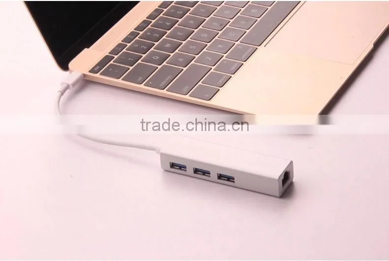 Silver casing USB 3.1 USB-C to 3-Port USB 3.0 Hub with Ethernet Adapter