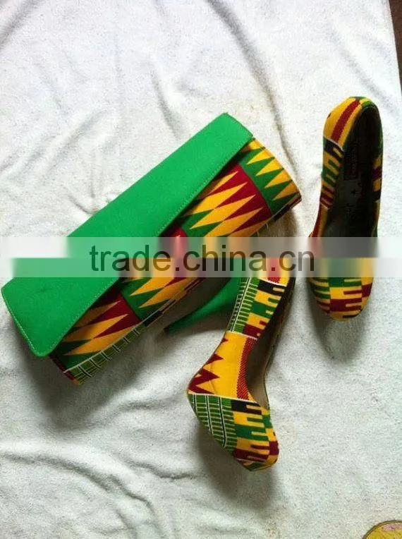 2015 Ankara fabric shoes and bags/wax shoes and bags /Ankara print high heels shoes