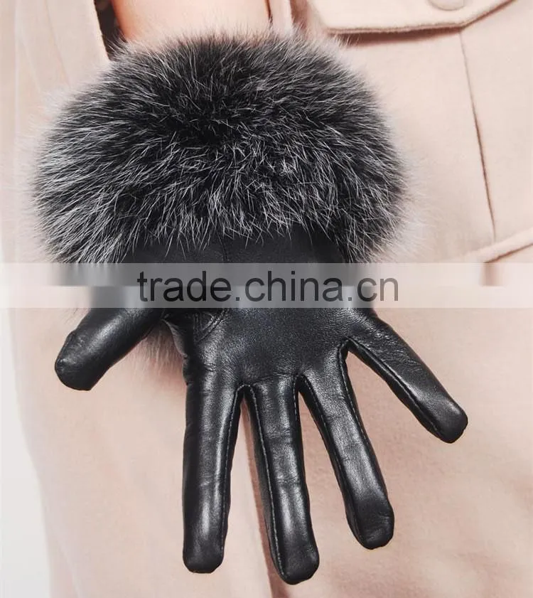 UK Style Women classic elegant raccoon fur cuff sheep leather gloves