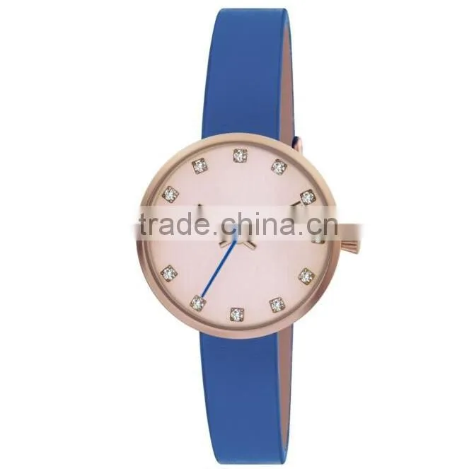 New fashion design stainless steel case real leather strap wristwatch for women