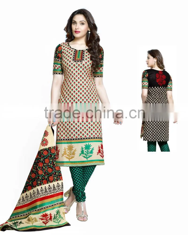 Ethnic Print Design with beige and black color flower cotton dress material