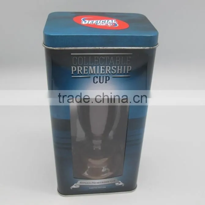 trophy cup embossing tin box with PVC window lid custom printed tin box wholesale