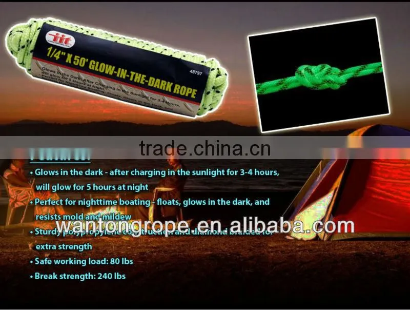Glow-In-The-Dark Camping Tent Rope Green & Black 1/4 Inch x 50 Feet
