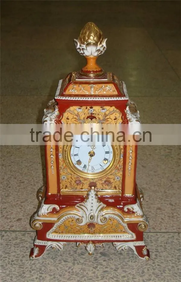 Gothic Architectual Style Ceramic Table Clock, Antique Hand Painted European Table Clock, Brass Mounted Table Clock