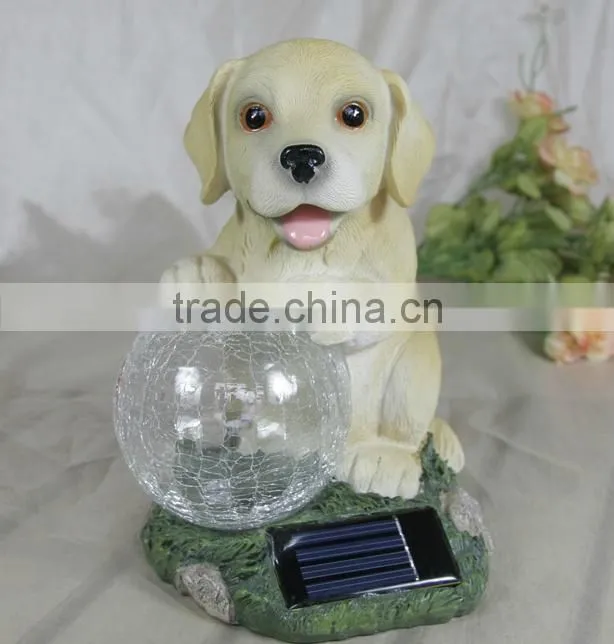 Resin solar lighting dog figurine with luminous glass ball