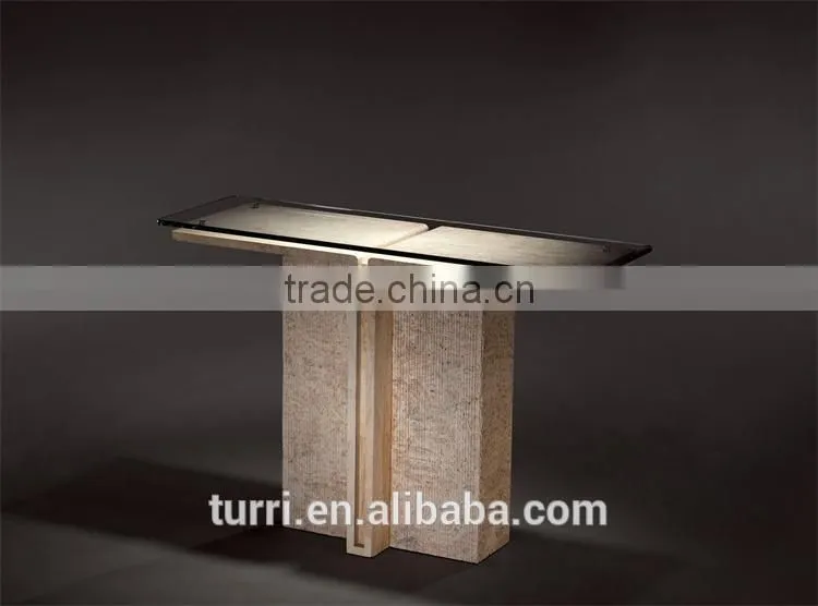 Modern austere Iran marble console table with glass top