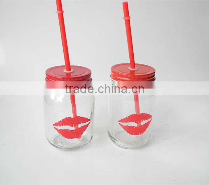 recycled valentine's day red lips design glass drinking jar with lid