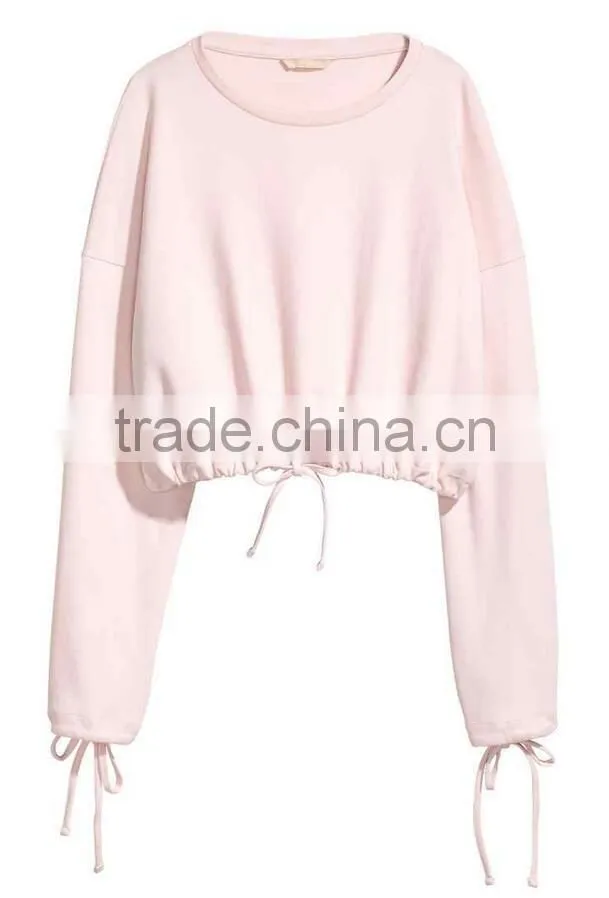 Fashion Style Plain Cropped Hoodie Ladies New Design Pink Short Long Sleeve Cropped Top Hoodie With Stringer