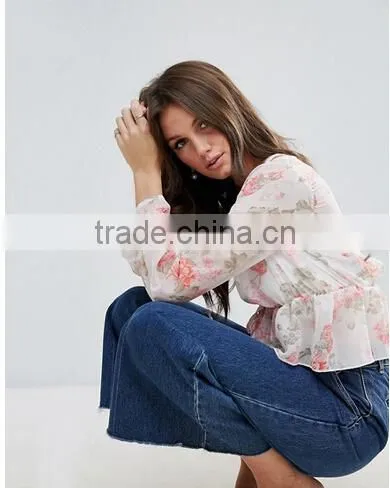 OEM Service supply type women sexy tops and blouses floral print plunge blouse