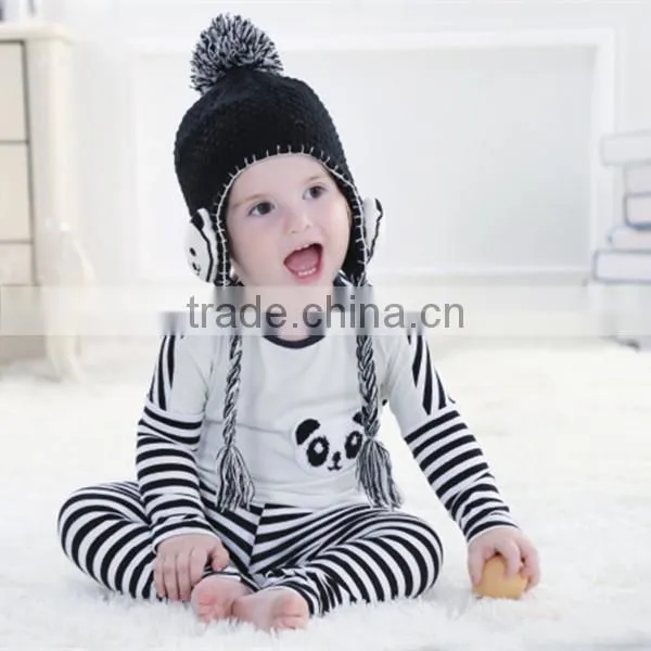 Factory Price Kids Black Knitted Hats With Ear Flaps, Baby Hats With Cute Animal Applique